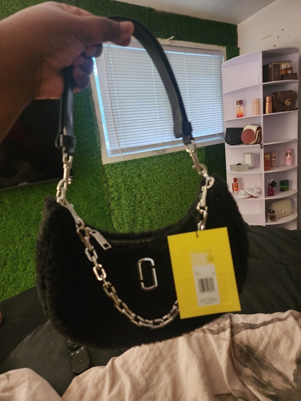 Marc Jacobs Black Faux-Shearling Shoulder Bag with Silver Chain